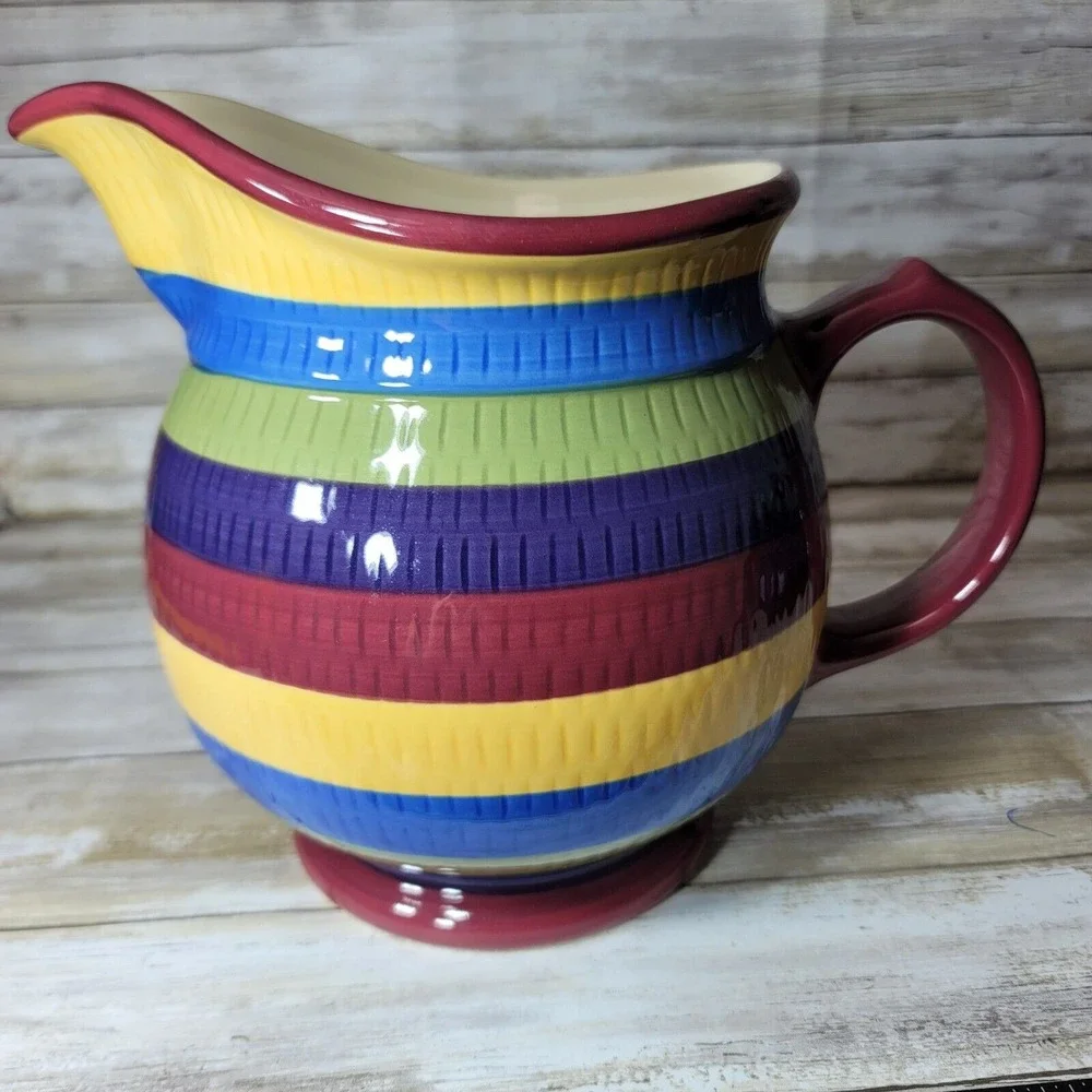 Longaberger Pottery Cabana Stripes Large Pitcher‎ Country Canister 2 Quart